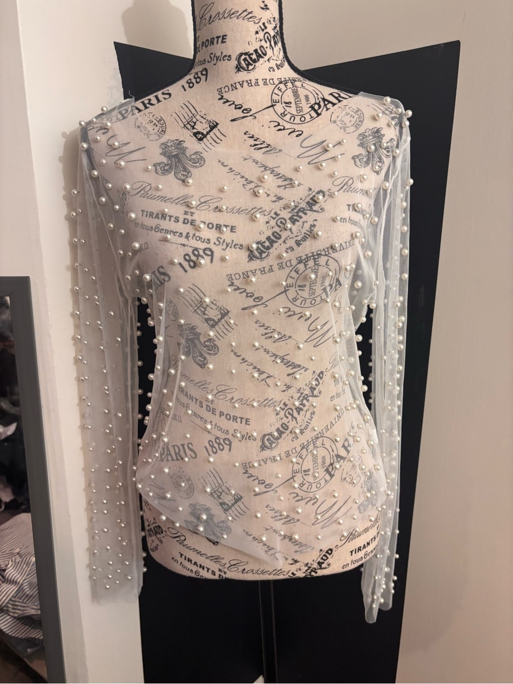 Amazon Ivory Sheer Long-Sleeve Pearl-Embellished Top